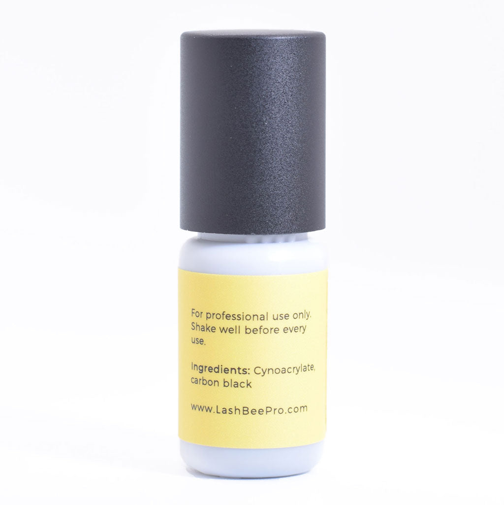LashBeePro Advanced Adhesive for eyelash extensions - back of the yellow bottle with black cap