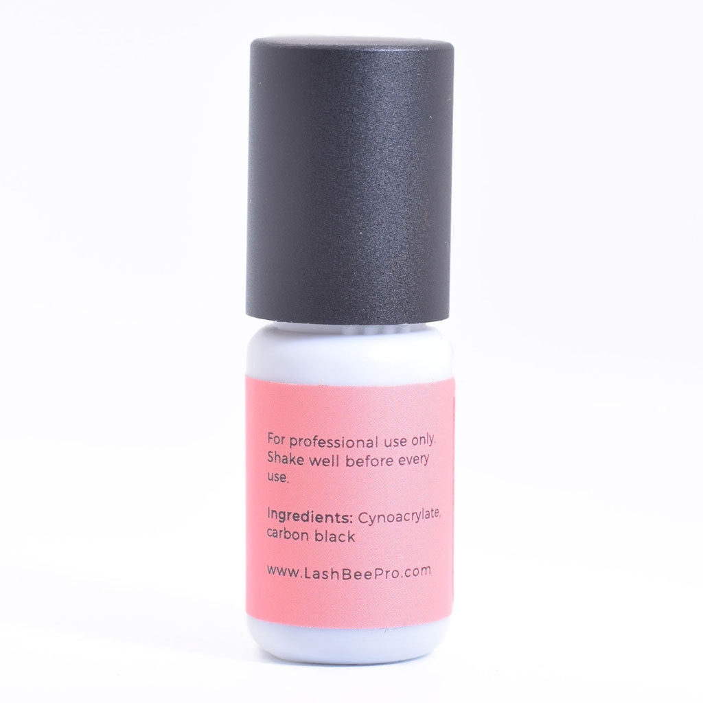 LashBeePro High Humidity Adhesive for eyelash extensions - back of the pink bottle with black cap
