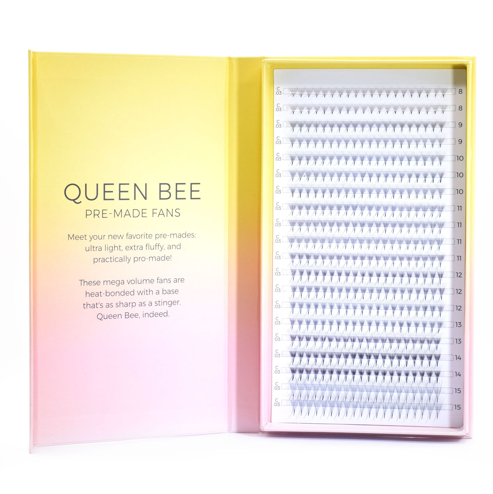 Mega volume pre-mades for the next-level artist!  These heat-bonded pre-made fans feature bases so sharp and slim they could sting.  Combine that with their perfectly-balanced spacing, and they're practically pro-made. Who even needs to know?